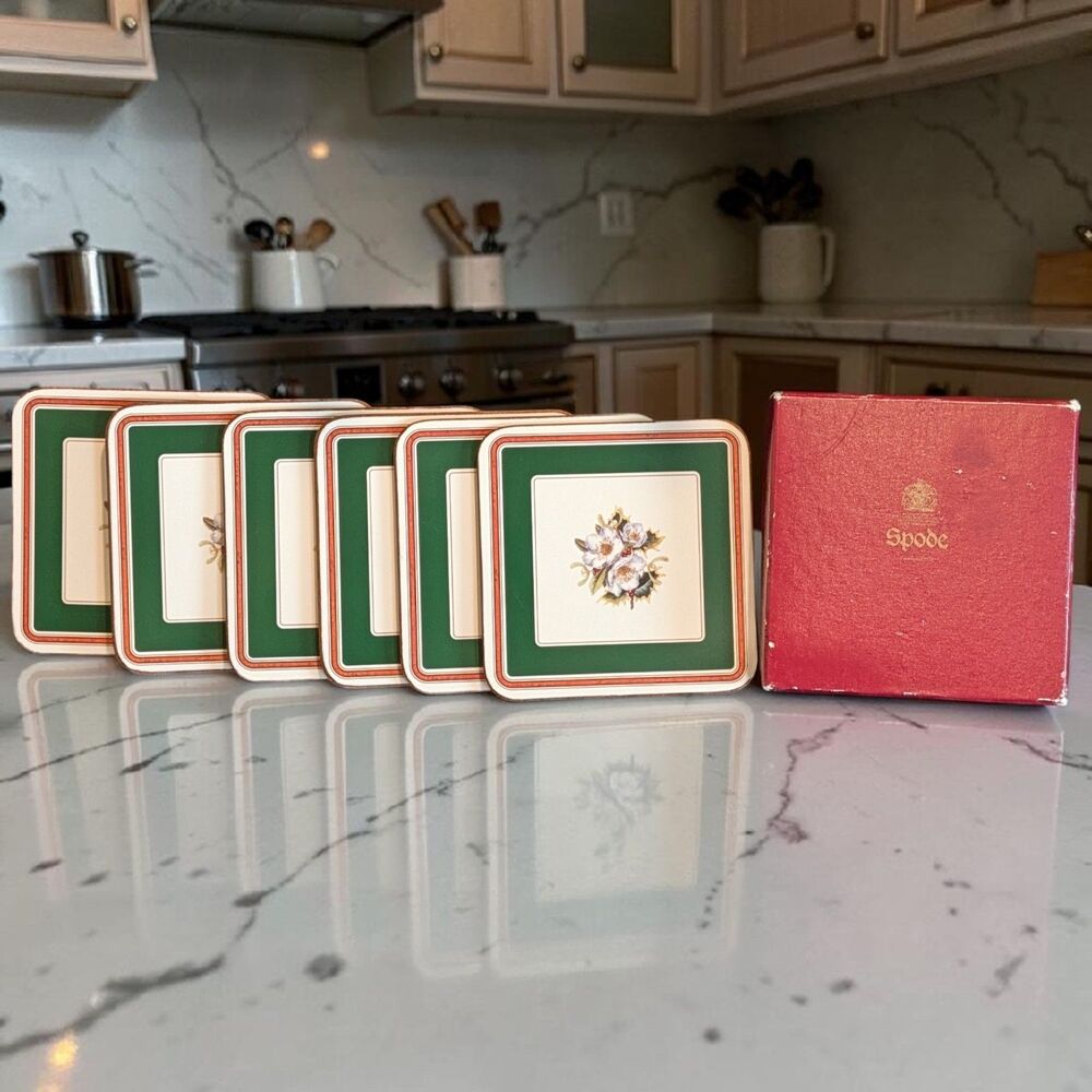 Spode Christmas Rose Coaster set of 6 Cork Back Square Original box Acrylic